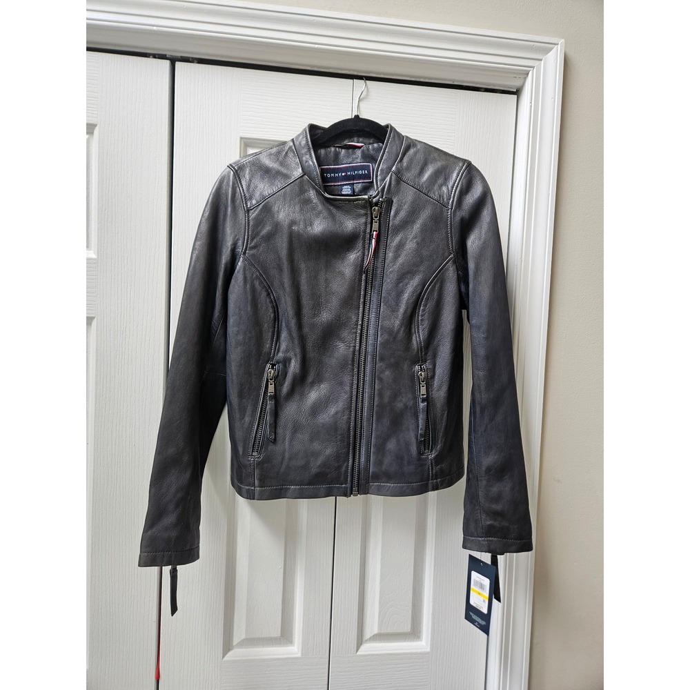 Tommy Hilfiger Womens Leather Moto Jacket Navy Blue Asymmetric Zip TW9ML402 M